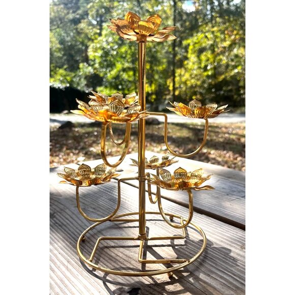 Lotus Flower Candle Holder Tealight Tray Golden Metal Stand For Meditation & Dec - Picture 6 of 10